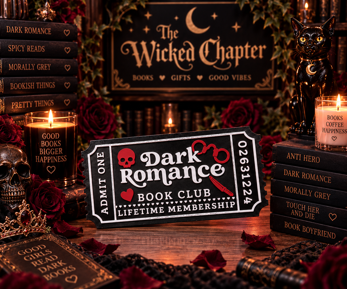 Dark romance bookcase ticket decor: Dark romance