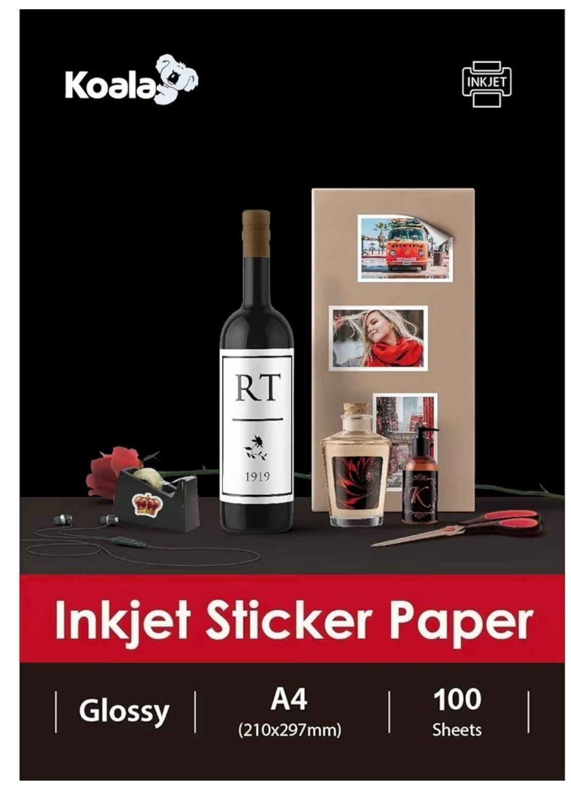 KOALA Inkjet Self Adhesive/Sticky Back White Glossy Photo Paper, Label Printing Paper, A4, 100 Sheets