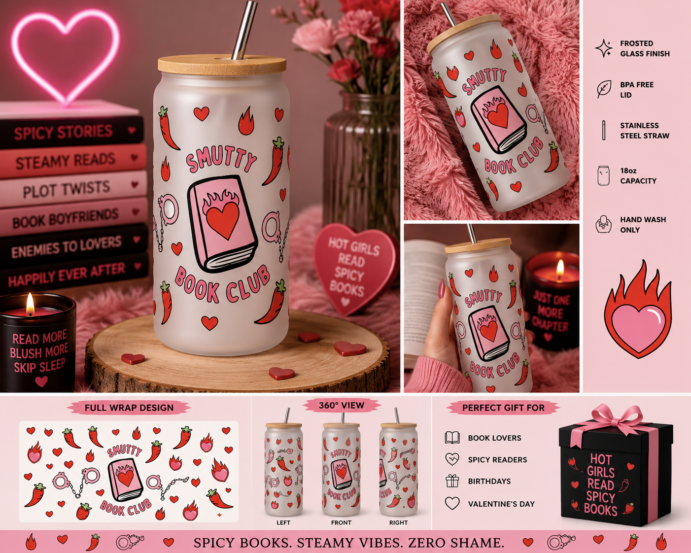 18oz Frosted Glass Tumbler + Metal Straw