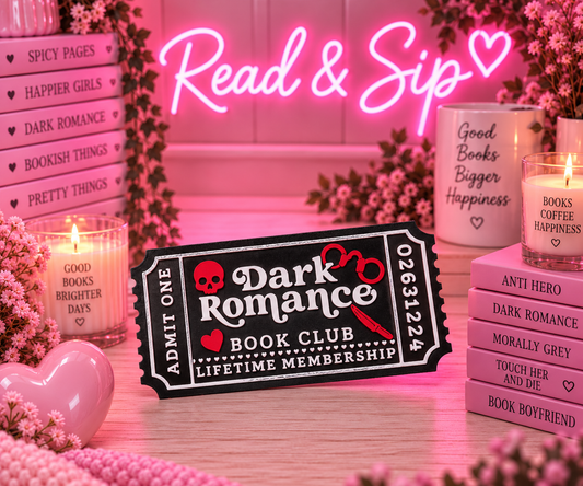Dark romance bookcase ticket decor:  Dark romance